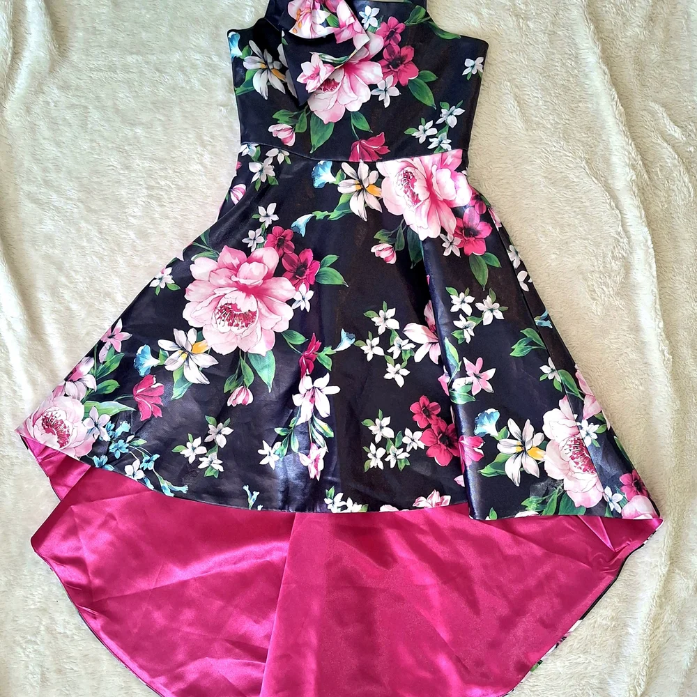 Floral High-Low Party Dress for Girls - Black & Pink - Picture 2 of 8